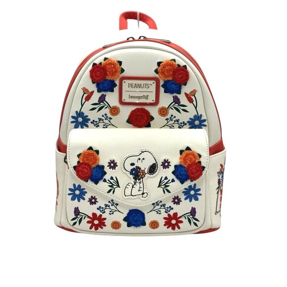 NWT Loungefly Peanuts Snoopy Crochet Flowers Embroidered Colorful Artsy Backpack - Picture 1 of 7